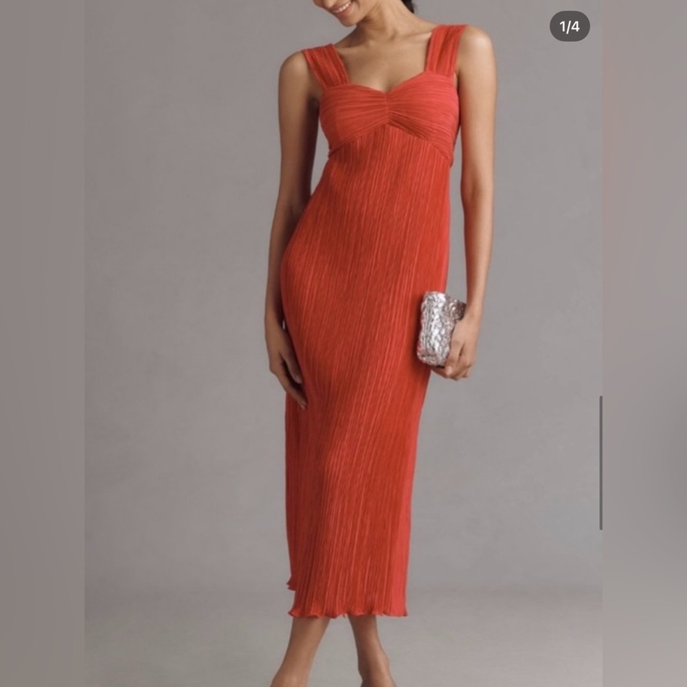 Anthropologie Sleeveless Pleated Satin Midi Dress in Red